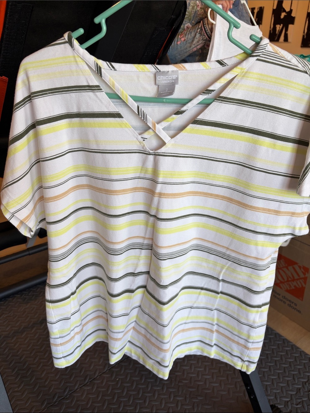 Chico's White V-Neck Short Sleeve Tee with Yellow, Olive & Tan Stripes